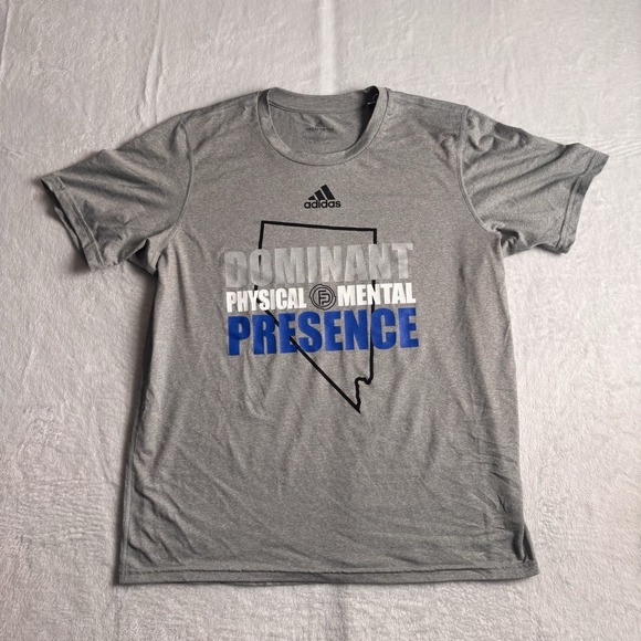Adidas Nevada Dominant Physical Mental Presence Grey Active Shirt Short Sleeve L - Picture 1 of 7